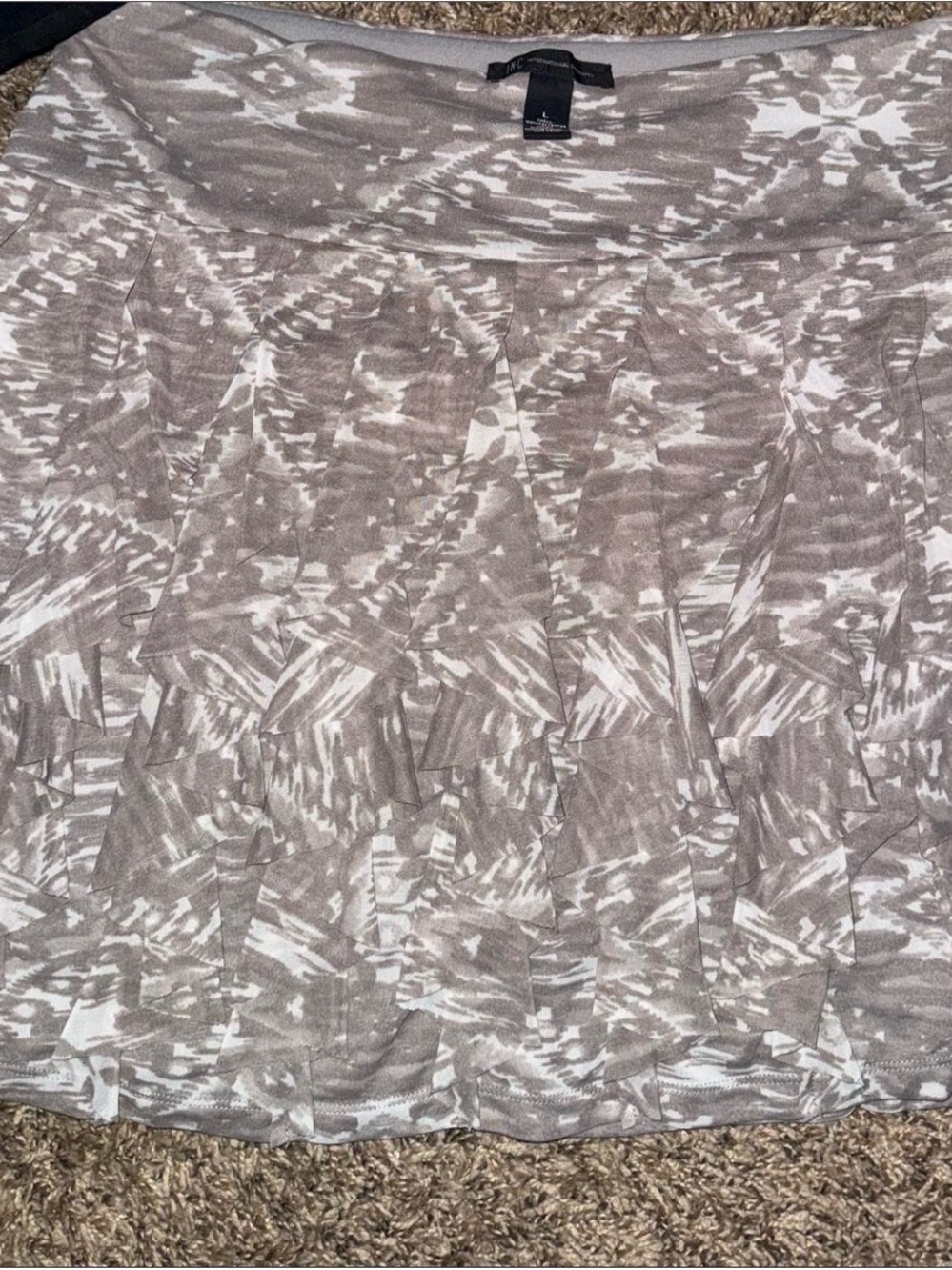 INC International Concepts Taupe and White Ruffled Print Skirt